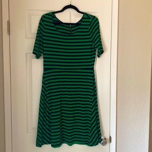 Green and blue striped dress. Zipper detail on the back.